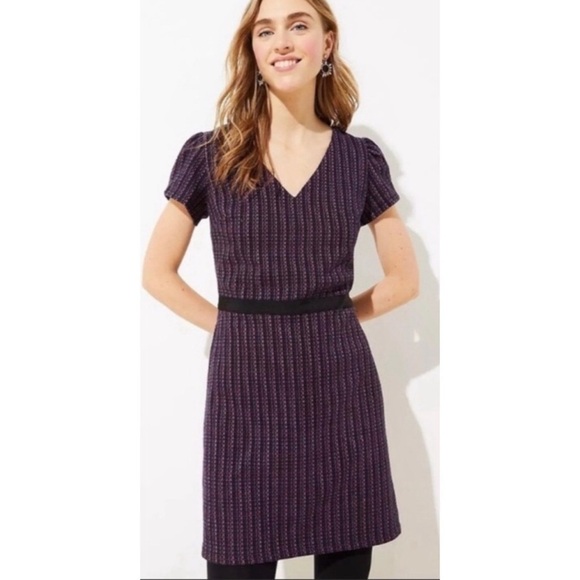 Loft V Neck Short Puffed Sleeve Tweed Career Dress Pink Purple Blue Sz 10 NWT - Picture 1 of 9